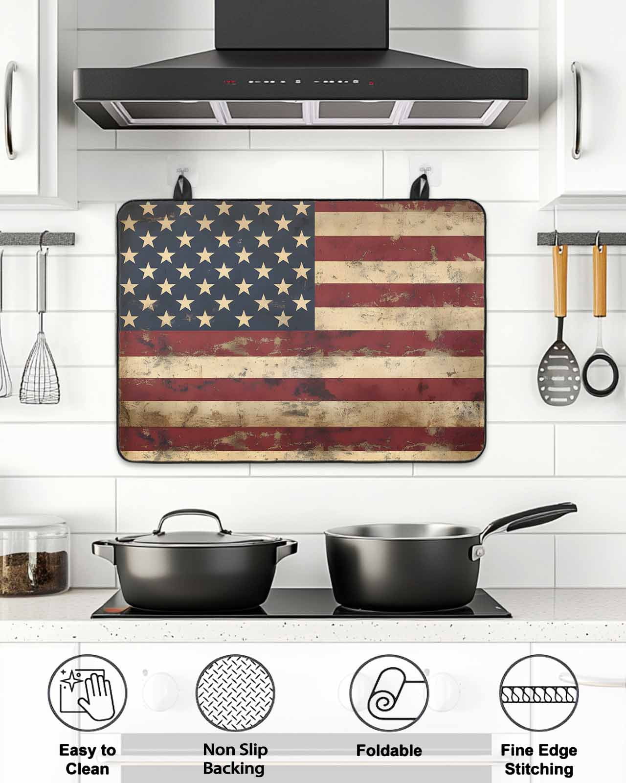 Stove Top Covers for Electric Stove, Retro American Flag Glass Stovetop Cover Protector, Vintage Shabby US Flag Induction Cooktop Protector Oven Mat for Kitchen Countertop 28.5"x20.5"