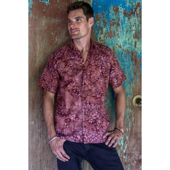 NOVICA Purple and Brown Cotton Batik Shirt, 'Light and Shadow'