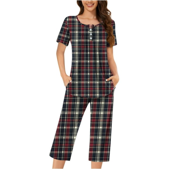 Nfurl Womens Pajamas Capris Sets 2pc Fitted Petite Short Sleeve Tops and Capris Cute Striped Sleepwear Sets 2 Piece Ladies Loungewear Wine,Size L