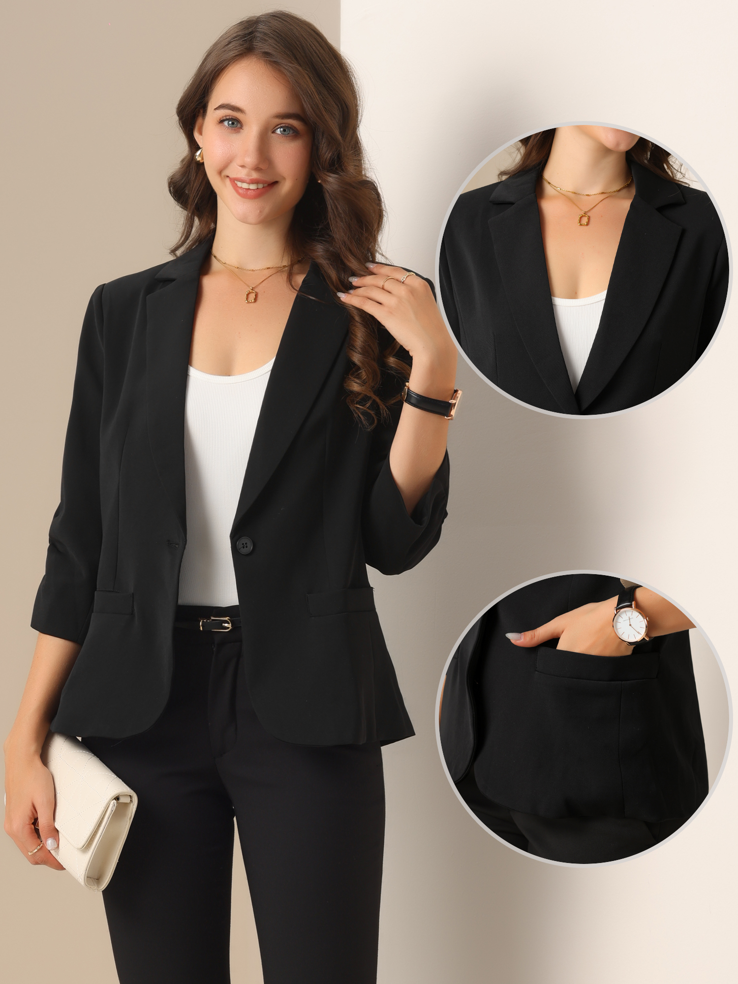 DARING DIVA Women's Open Front Casual 3/4 Sleeve Blazer for Work Outfits XS Black