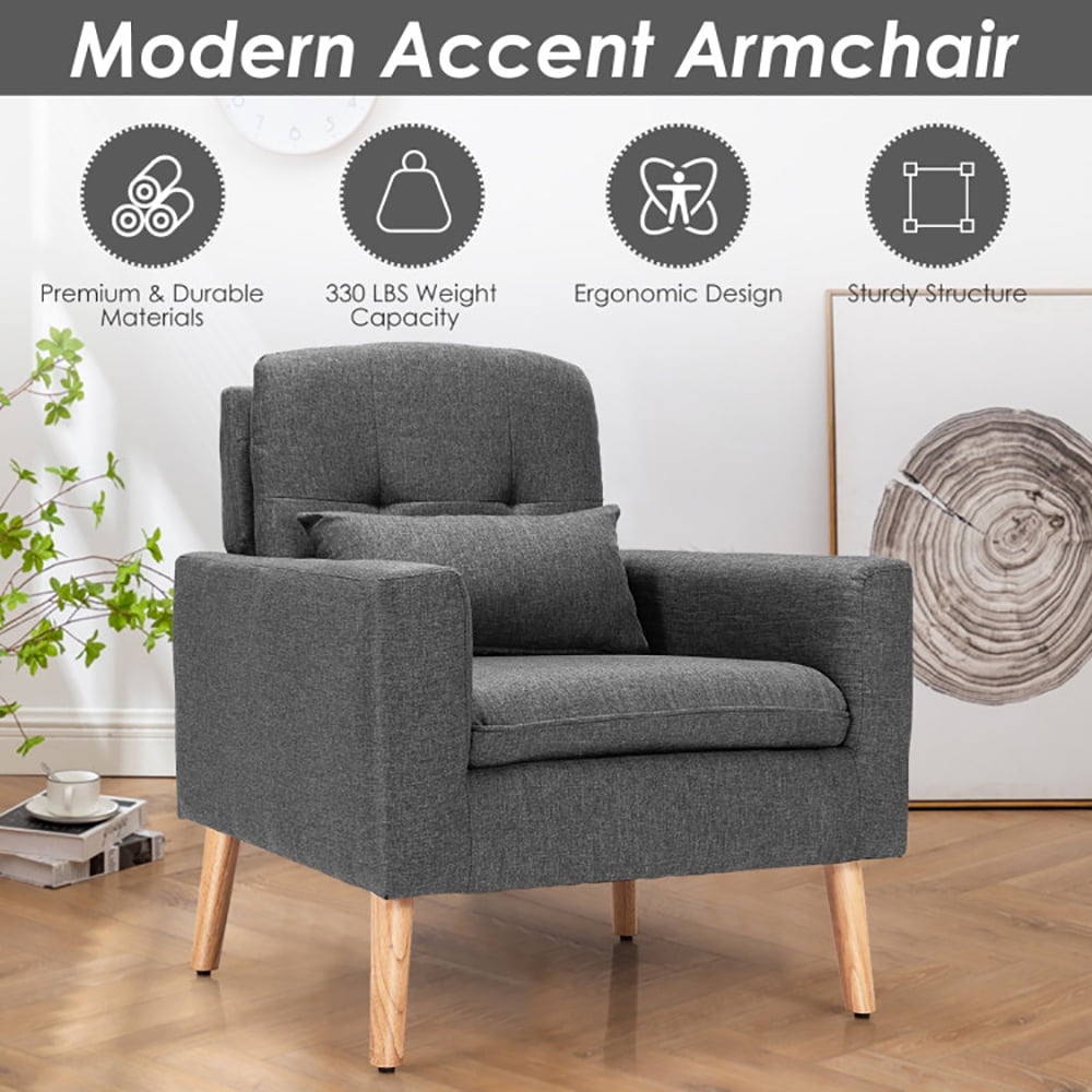 Finihen Upholstered Accent Chair, Modern Comfy Armchair Single Sofa, Linen Fabric Single Sofa Armchair with Waist Pillow, for Living Room, Bedroom, Gray