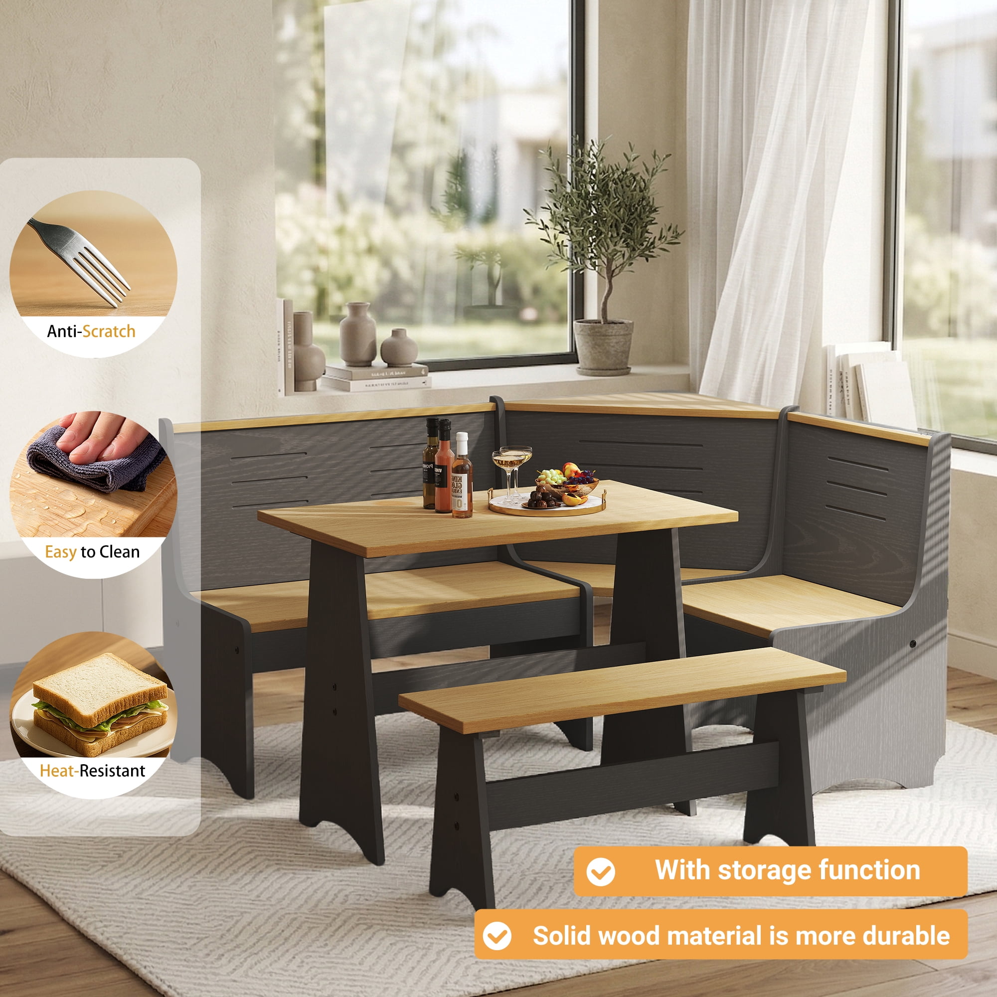 Koby Home Breakfast Nook Table Set, Storage Farmhouse Corner Kitchen Dining Table with  L-Shape Bench Chairs, Black Wood