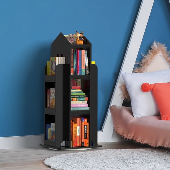 360° Rotating Castle Bookshelf, Black Wood Grain Bookcase, Floor‑Standing Storage Rack for Nursery, Playroom