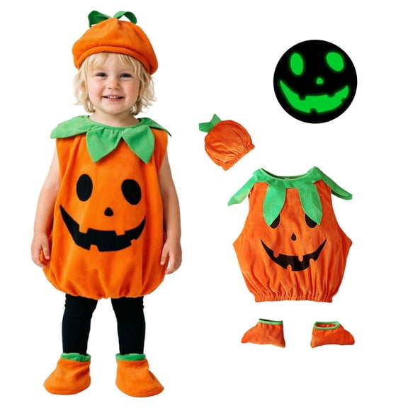 Girls Pumpkin Glow in Dark Sleeveless Top Hats Shoes 3 PCS Set Unisex Halloween Dress up Party Clothes Size 0-12 Years