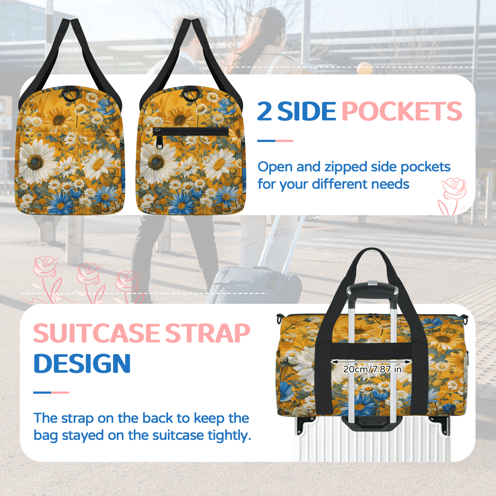 Herdesigns Farmhouse Gym Bag for Women, Duffle Bag for Travel Sport, Spring Rustic Sunflower Daisy Lightweight Waterproof Carry on Weekender Dance Yoga Workout Bags