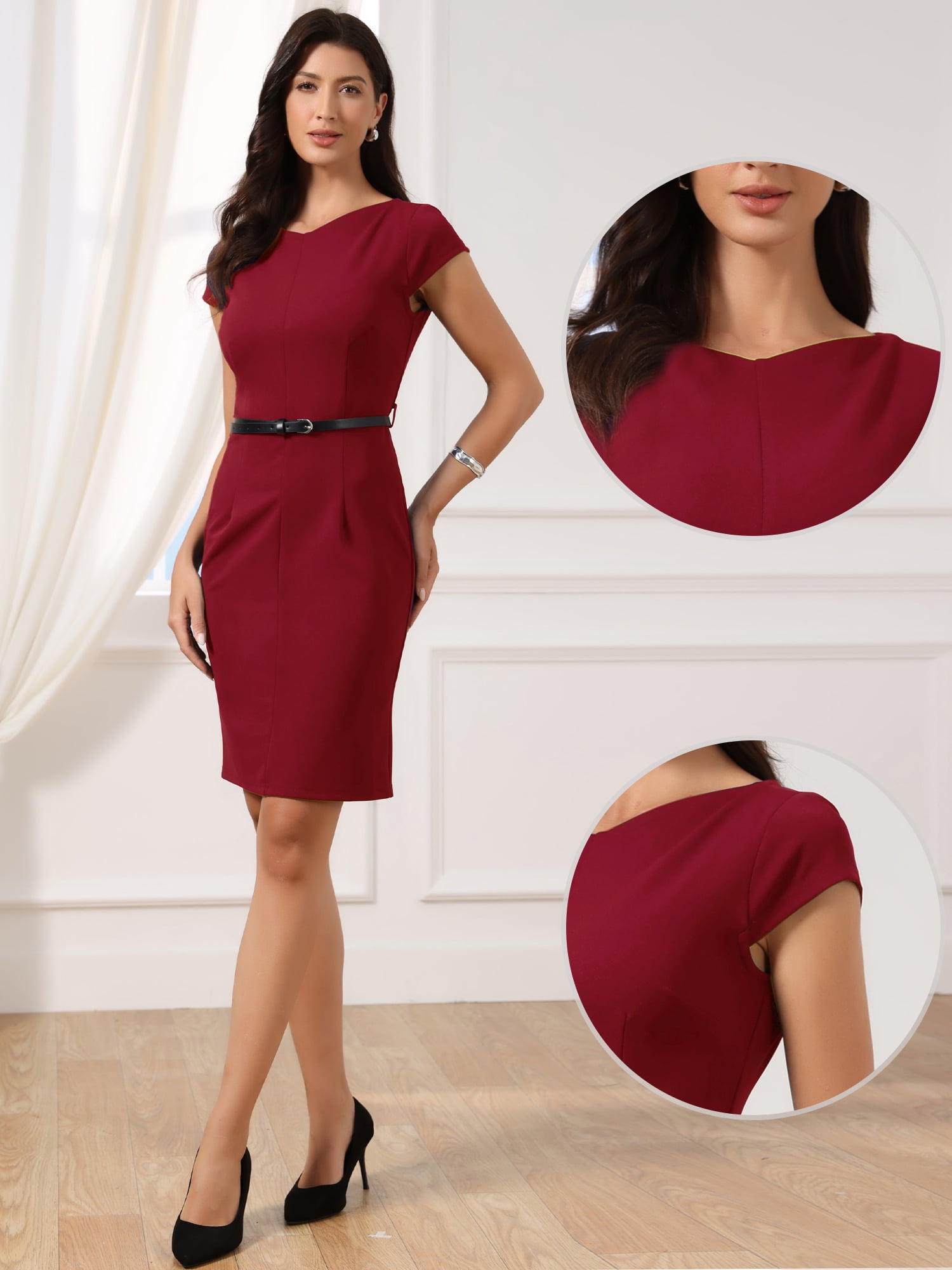 DARING DIVA Women's Cap Sleeve Belted Bodycon Sheath Work Office Dress L Red
