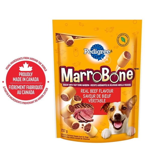 PEDIGREE Marrobone Adult Dog Treats pouch containing vitamin enriched crunchy biscuits with real beef flavour and bone marrow center, 737 g, proudly made in Canada using ingredients from around the world