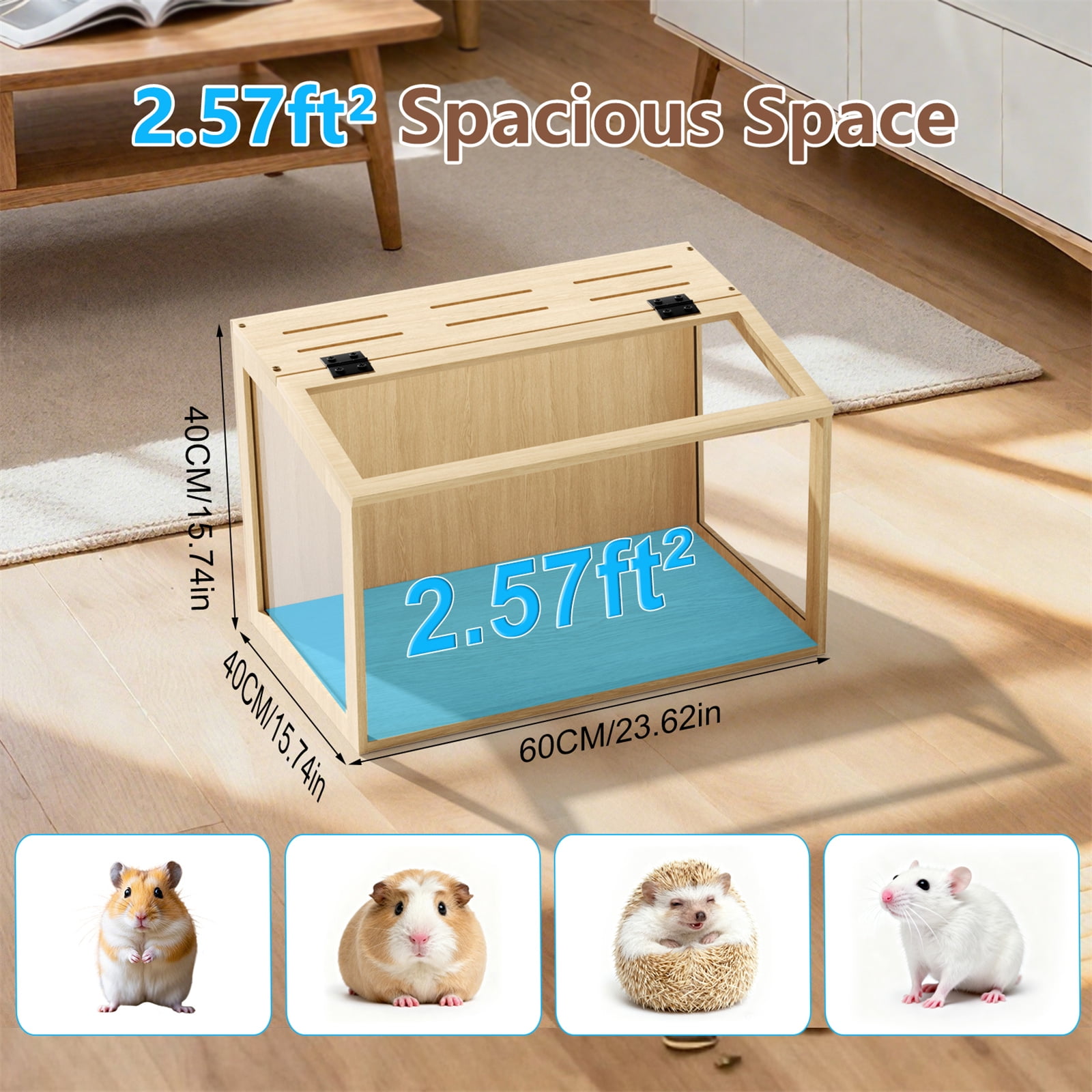 Bingopaw Chew-proof Wooden Hamster Cage Clear Glass Panel Tabletop Habitat with LED Light for Small Pets