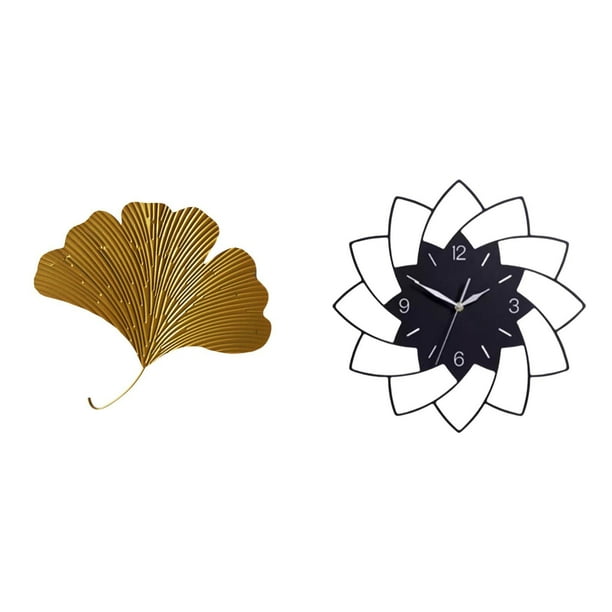 Esculturas de pared de hojas,Esculturas de pared de hierro forjado con hojas de ginkgo,Reloj de pared grande,Reloj de pared acrílico silencioso y sin tictac,Reloj de pared grande de