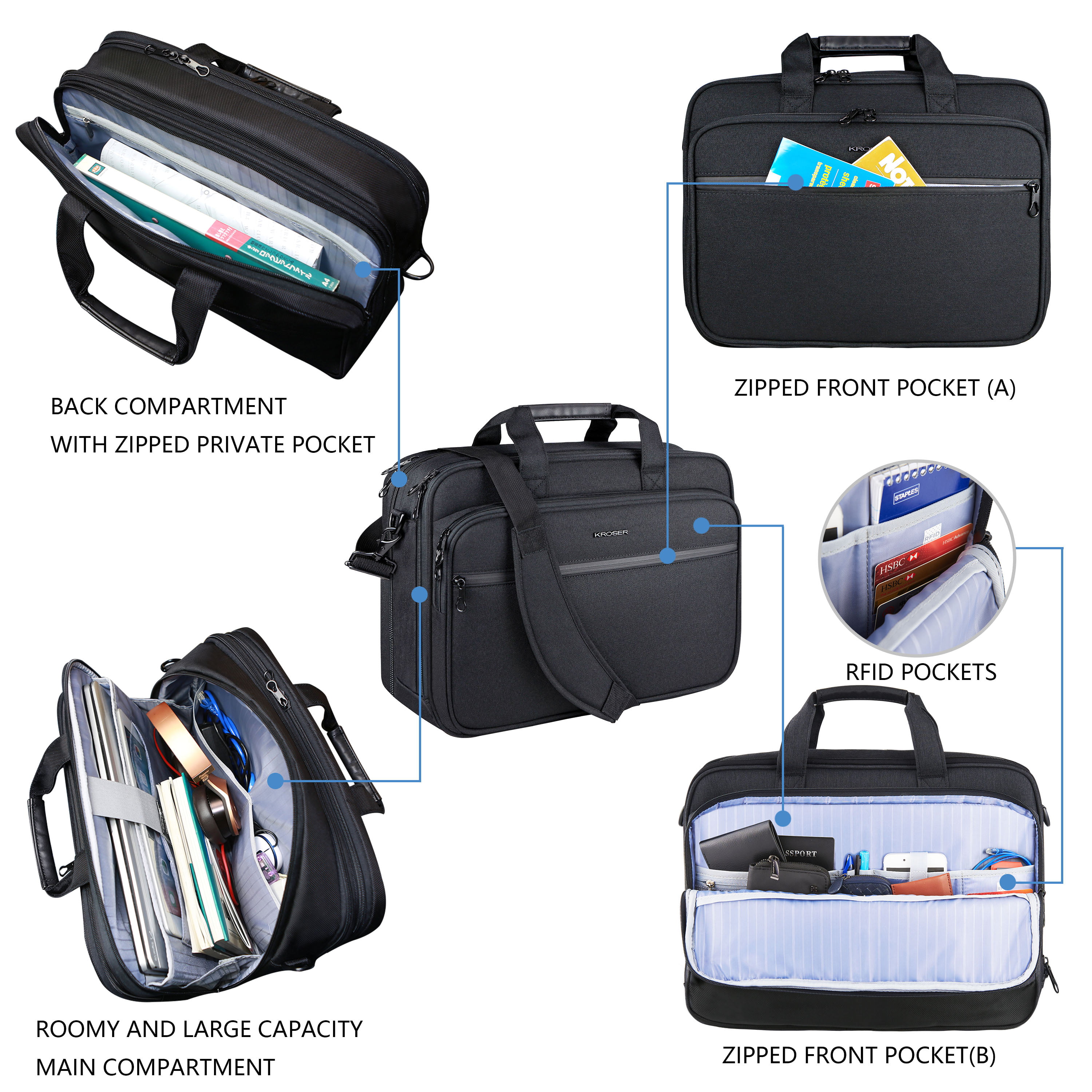KROSER Laptop Bag 15.6 inch Briefcase Laptop Messenger Bag Water Repellent Computer Case Tablet Sleeve with RFID Pockets for College/School/Business/Women/Men-Charcoal Black 