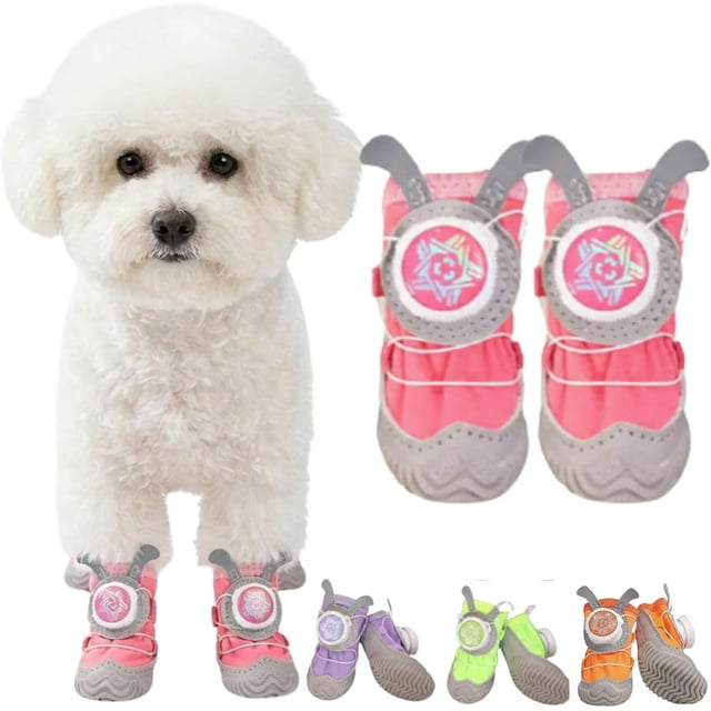 Bottes pour Chien Imperméables Antidérapantes Lot de 4 - Boucle à Verrouillage par Rotation & Oreilles Mignonnes pour Petites Races avec Semelle Robuste, Plancher en Bois, Chaussons d'Extérieur pour Randonnée sur Neige (Rouge, 5 Yards 8-11kg)