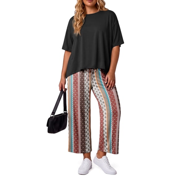 Gleelist Two Piece Sets for Women Summer Outfits Lounge Sets Short Sleeve Tops Cropped Pants Comfy Pjs Sets(1X-5X)