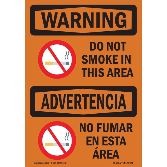 SignMission OS-WS-P-1014-L-12571 OSHA Warning Sign - Do Not Smoke in This Area Bilingual