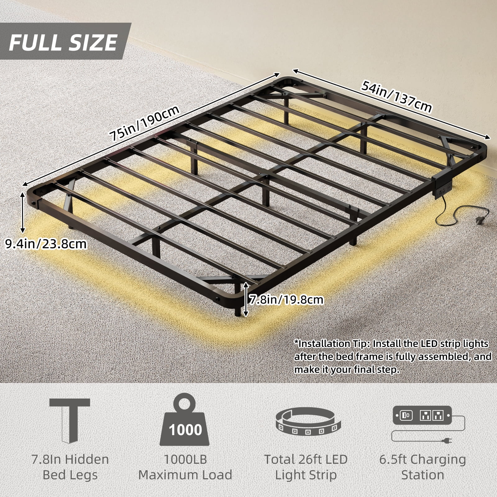 Fairy Full Size Bed Frame with Charging Station, LED Lights, Heavy-Duty Metal Platform, Black