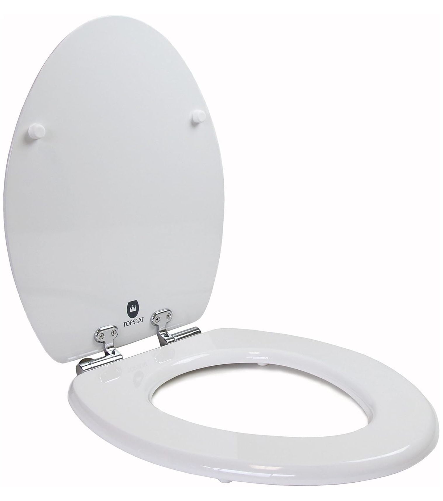 Elongated Toilet Seat Slow Close White Wood - 18.5" Elongated Bowl Fit - Chromed Metal Hinges - Easy Install
