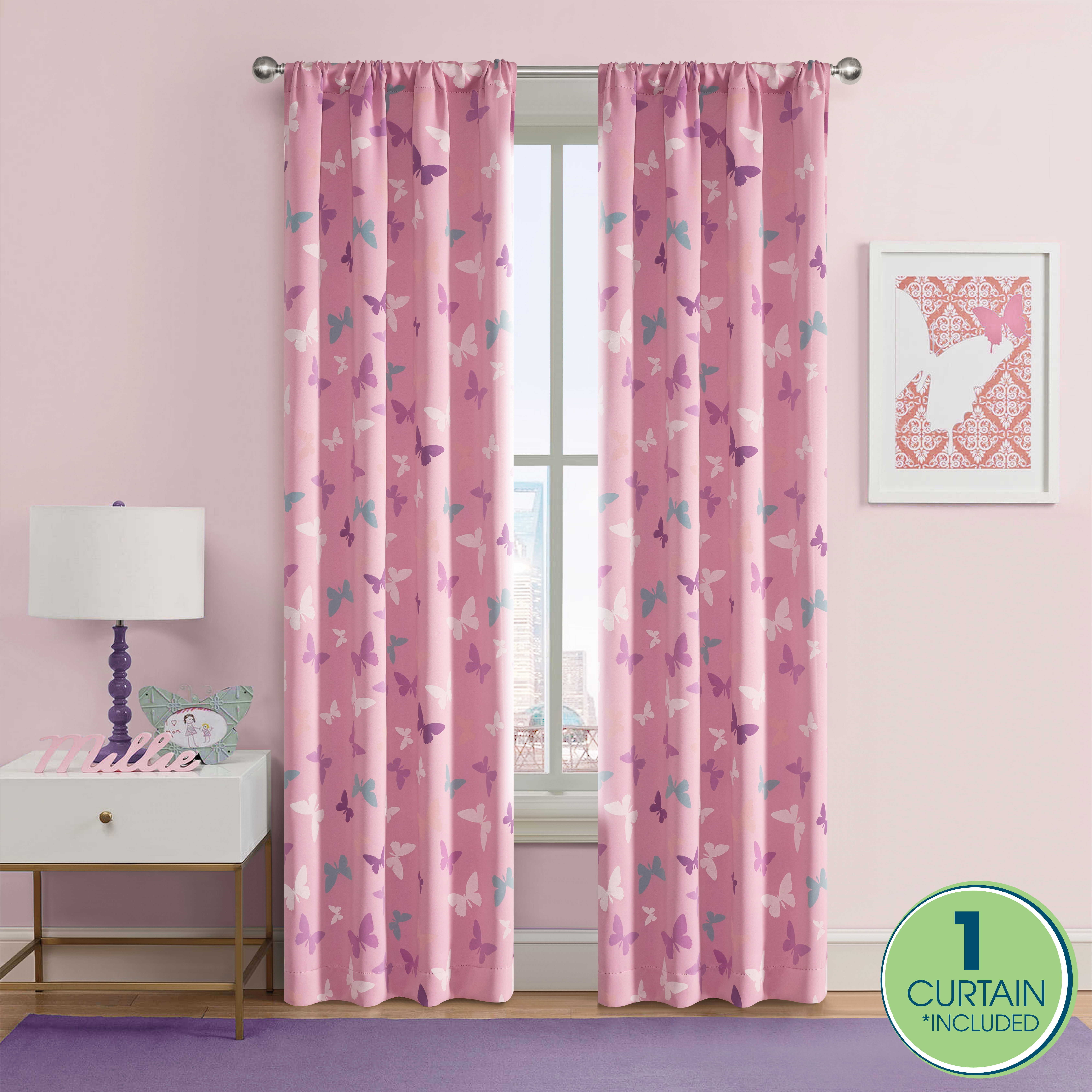 (2 pack) Your Zone Blackout Curtain Panel with Glow in the Dark Print, 1 Panel, Butterfly Pink, 37" W x 95" L