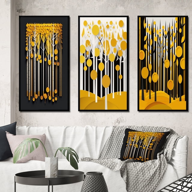 Designart "Quill Minimalism Abstract Yellow Forest I" Landscape Trees Framed Wall Art Set Of 3 - Yellow Trees Frame Canvas Set For Living Room Decor