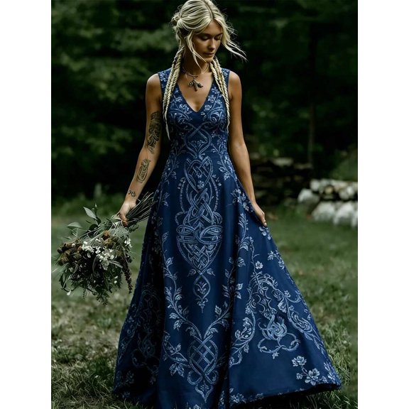 Multicolor Celtic Knot & Floral Print V-Neck Sleeveless Maxi Dress