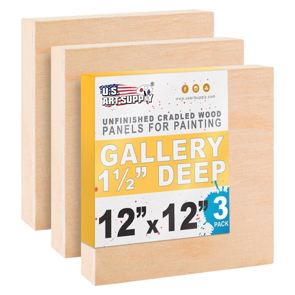 U.S. Art Supply Unfinished Cradled Wood Panels for Painting, 3 Pack of 12x12 inch - Gallery Birch Wooden Canvas Boards 1-1/2" Deep - Mixed-Media Craft, Acrylic, Oil, Encaustic, Paint Pouring