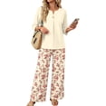 thumbnail image 2 of Vintage Sunflower Sketch Print Two Piece Set for Women, 3/4 Sleeve Button Down Top & Wide Leg Pants - Boho Casual Lounge Outfit with High Waist Trousers Beige L, 2 of 7