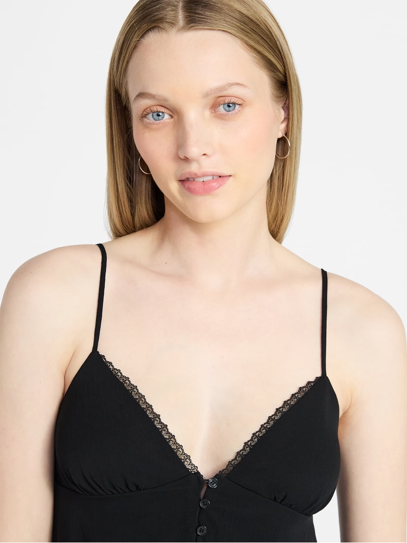 No Boundaries Button Front Ruffle Lace Trim Cami Top, Women's XXS