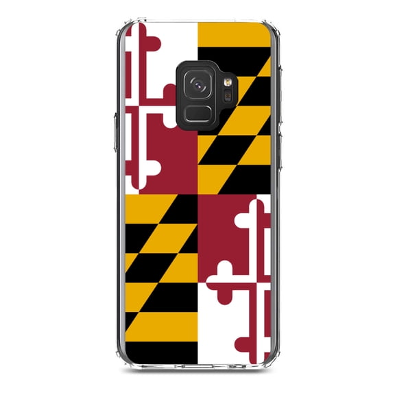 DistinctInk Clear Shockproof Hybrid Case for Samsung Galaxy S9 (5.8" Screen) - TPU Bumper, Acrylic Back, Tempered Glass Screen Protector - Maryland State Flag - Maryland