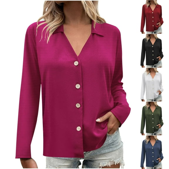 FRSASU Blouses for Women Dressy Casual Long Sleeve Solid Color Button Down Shirts Fashion Turndown Collar Loose Tops White XL(XL)