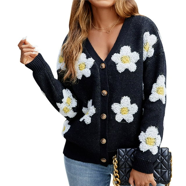 Cárdigan de Punto para Mujer con Estampado Floral, Larga, Abierto por Delante, con Botones y Cuello en V Negro L