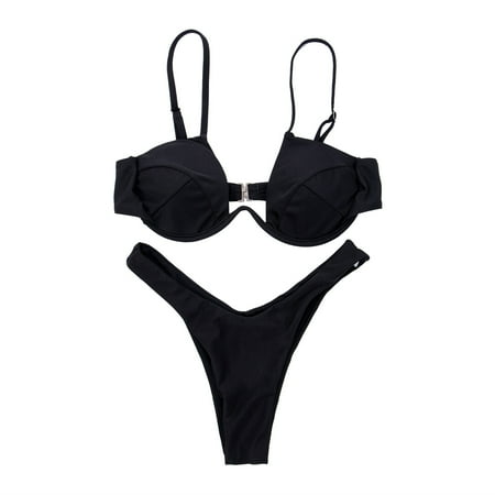 

Inevnen Women 2PCS Bikini Set Solid Color Wire Padded V-Shaped Back Buckle Bra Triangle High Waist Panty