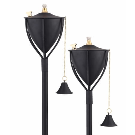 Legends Direct Set of 2 Premium Metal Amsterdam Series Outdoor Torches Tiki Style /w Snuffer  Fiberglass Wick & Large 32oz Oil Lamp- 54  Tall Oil Torches (Smooth Black)
