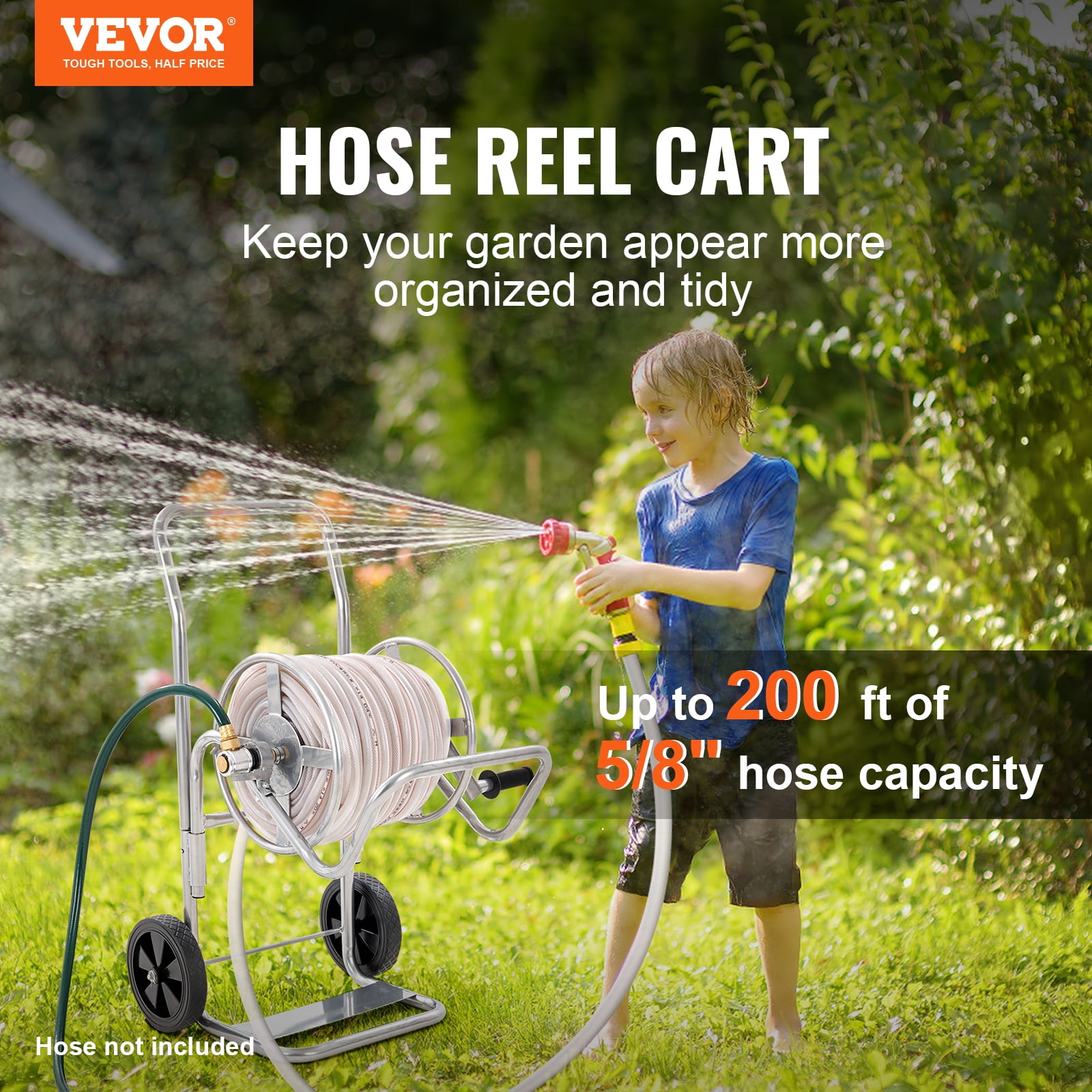 VEVOR Hose Reel Cart with Wheels, Metal hose reel Holds 200 Feet of 5/8" Hose Capacity Heavy Duty Outdoor Water Planting Truck for Yard, Garden