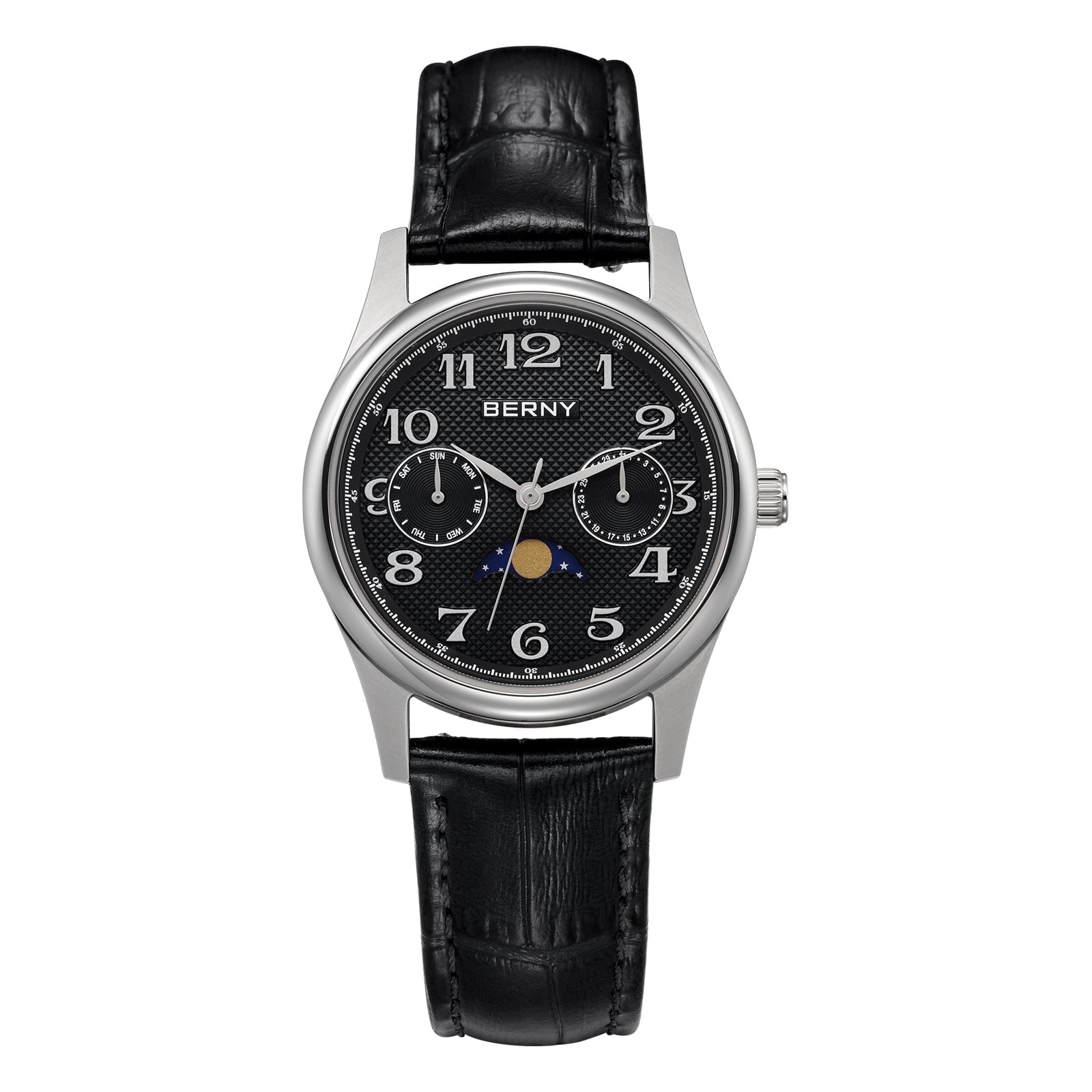 BERNY Dress Watches for Women, MultiFunction Leather Watch with Moon Phase, Day & Date Calendar, Stainless Steel Case, Easy to Read, Waterproof, Ladies Analog Quartz Wrist Watch (Black)