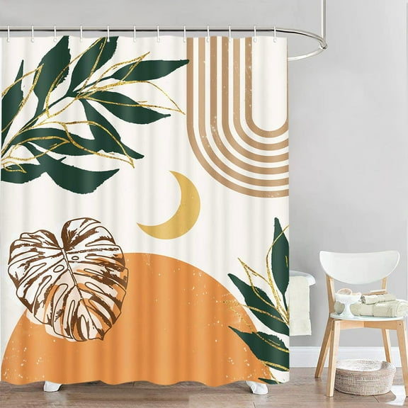 Mid Century Boho Shower Curtain for Bathroom, Bohemian Abstract Arch Plant Botanical Fabric Shower Curtain Sets, Geometric Modern Minimalist Bath Accessories Decor with Hooks, 72X72in