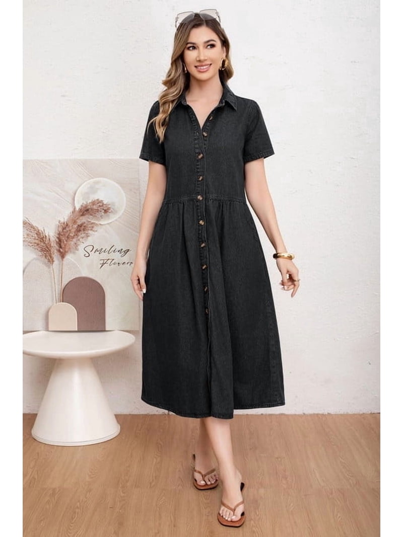 a line jean dress Utcoco Womens Denim Lapel Short Sleeve Frayed Hem Dresses Oversized Button Down Shirt Dress, Women's, Size: Small, Black this dress is a