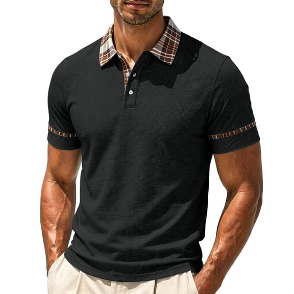 successthop Collar Shirts for Men Big and Tall Short Sleeve TShirt Pullover Tops with Button Summer Plaid Clothes Black XS