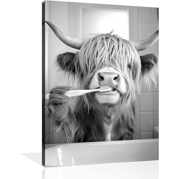 Aaheei Highland Cow Bathroom Canvas Wall Art Funny Animals Bathroom Pictures Highland Cow Brushing Teeth Painting Black and White Animals Bathroom Poster for Bathroom Restroom Wall