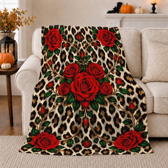 Glamorous Autumn Roses Leopard Print, Dramatic Artistic Scene, Warm Flannel Blanket for Cabin and Lodge with Detailed Artwork, Wildlife Lovers Thanksgiving Gift, Artistic Home Decor