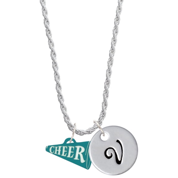 Delight Jewelry Acrylic 3/4" Teal Cheer Megaphone Silvertone Script Initial Disc - V - Charm Necklace, 20"+3"
