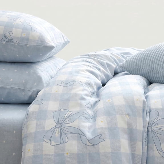 Light Blue Duvet Cover Bow Decor Bedding with Sweet Heart Pattern Soft Plaid Quilt Cover for Bedroom Decoration Queen Size
