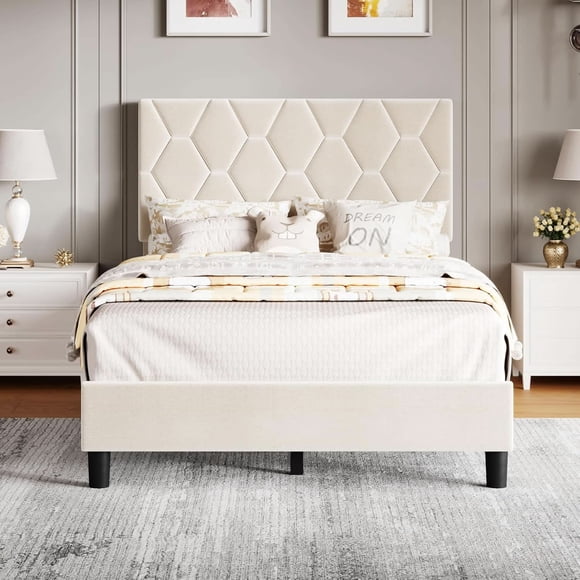 Tamaño individual platform marco de cama con beige forrado cabecero, de madera slats support, no box spring required, easy to assemble, noise - free, serves as forrado mattress foundation