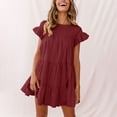 thumbnail image 2 of Cotton Linen Sundresses for Women Ruffle Short Sleeve Layered Hem Mini Dress Casual Solid Color Crewneck Keyhole Back Dresses, 2 of 7