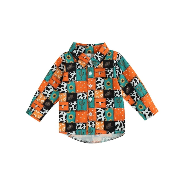 Fortune Chemises Western pour Garçon Tout-Petit Imprimé Vache Manches Longues Boutonné Col à Revers Hauts Vêtements d'Automne 6M-4T