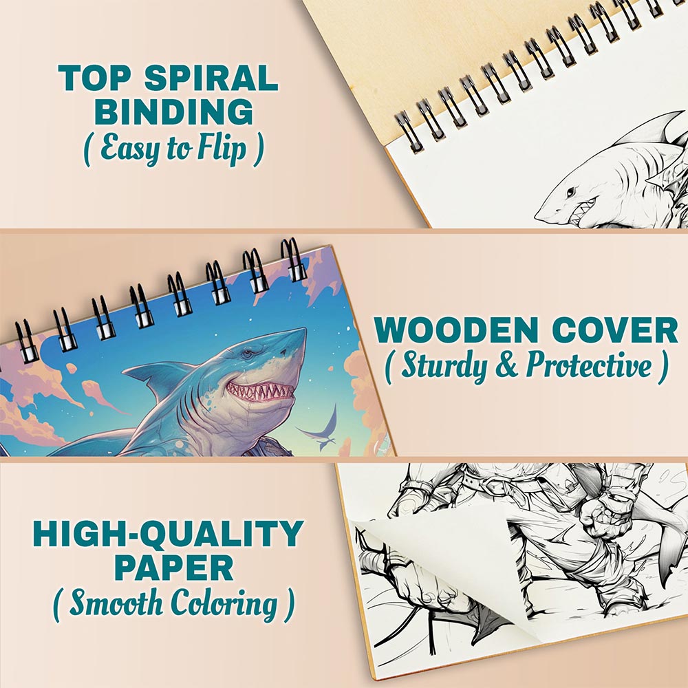 Netecom Shark Warrior Coloring Book for Adults, A5 Wooden Cover, 30 Dynamic Coloring Pages of Ocean Warriors for Stress Relief and Relaxation, Spiral Bound Edition