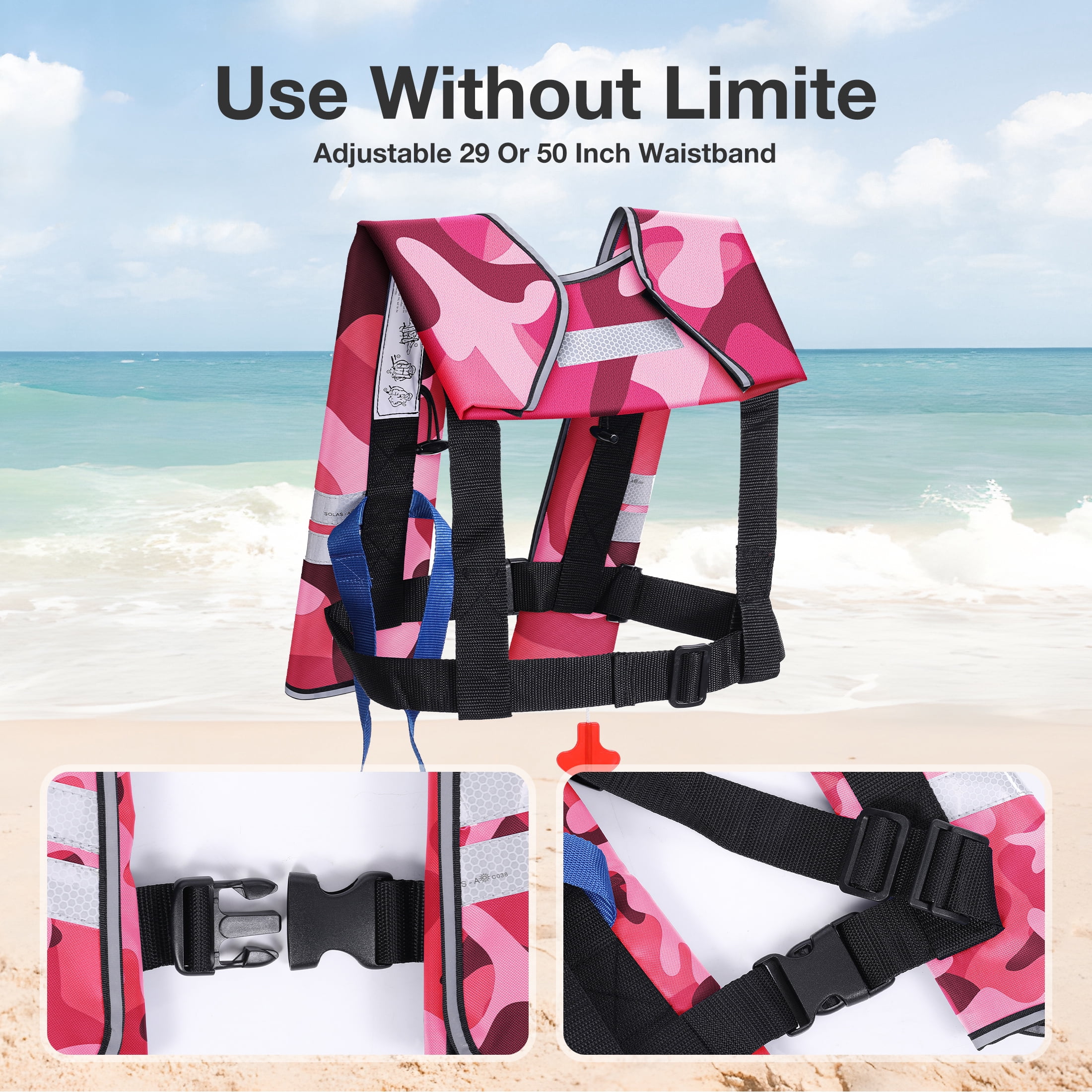WARMOUNTS Automatic Inflatable Life Jacket w/ 5 Reflectors & Whistle, Adult PFD Survival Buoyancy Vest for Boating Fishing Sailing Kayaking for Men Women Max Waist Size: 50''