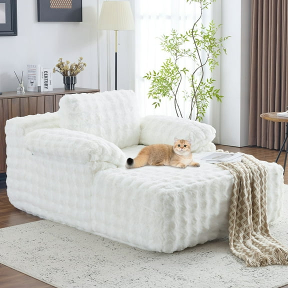 Ktaxon 68" Lounge Chair, Bubble Fleece Fabric Sofa Bed, Boneless Sleeper Chaise with Removable Backrest & Pillow-Top Armrests for Living Room White