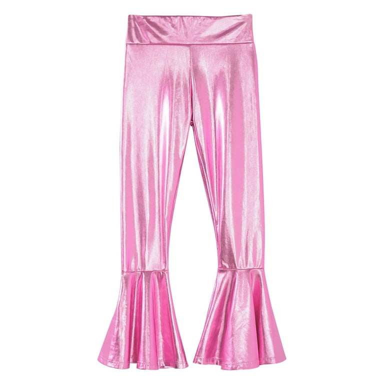 inhzoy Kids Girls Boys Shiny Metallic Flared Pants Bell Bottoms Sequins  Dance Leggings Trousers Pink 10 