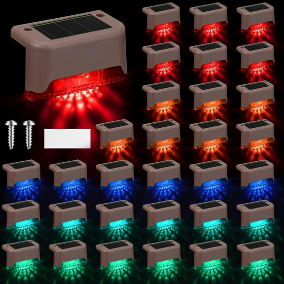 BlinkL 12 Pcs Solar Deck Lights Outdoor, Waterproof LED Solar Step Fence Lights for Stairs, Step, Railing, Patio, Driveway, Garden, Pathway and Yard(Brown Shell Multicolor Light)