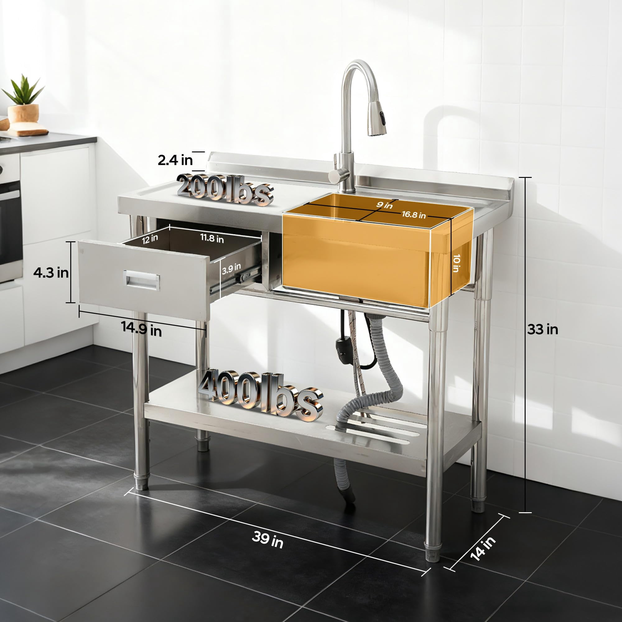 Accreate 39 Inch Single Bowl Stainless Steel Utility Sink, Free Standing Unit with Drawer, Workbench, Storage Rack, Faucet & Full Plumbing Set