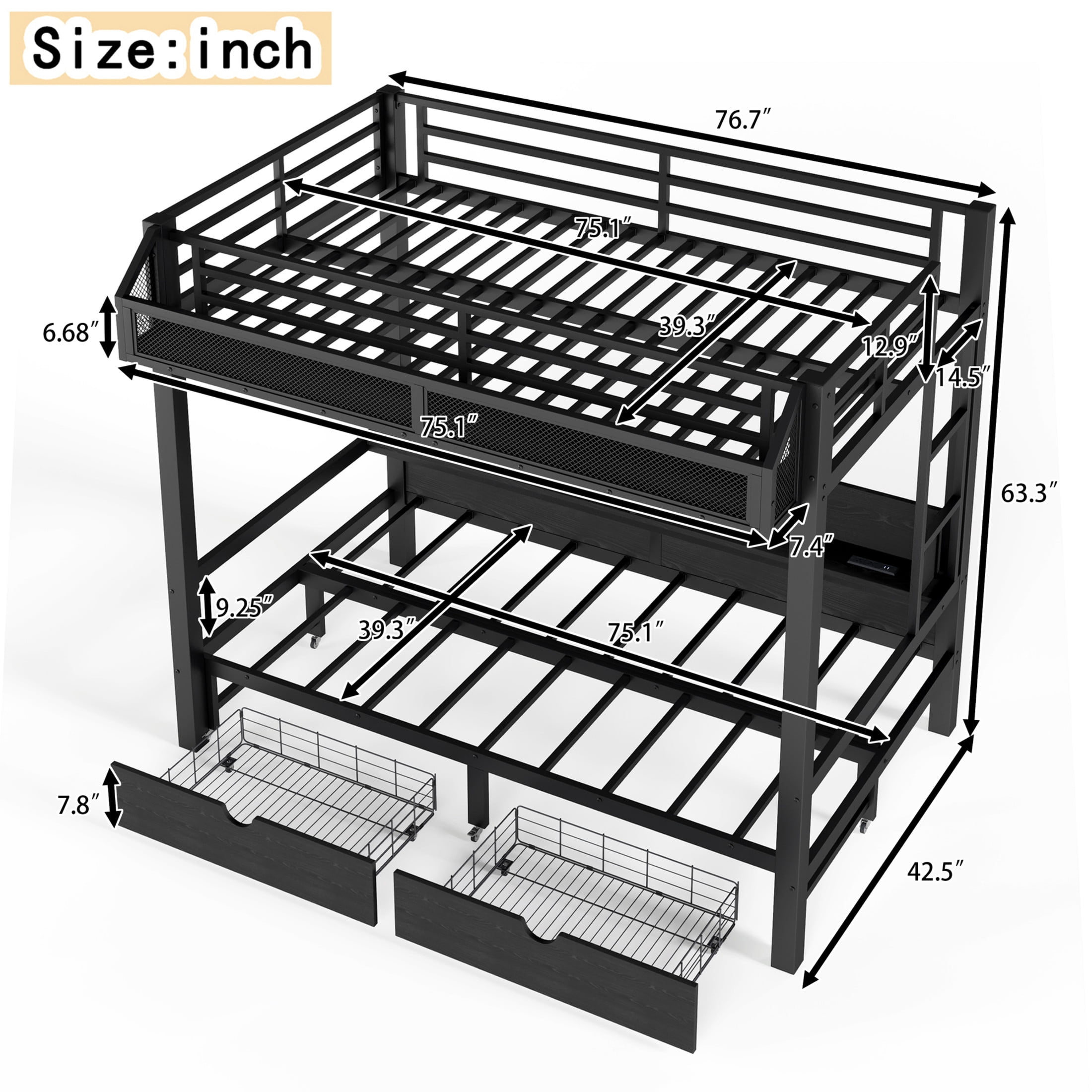 Noble House Twin Over Twin Metal Bunk Bed with Drawers, Shelves, USB Ports and LED Lights, Black