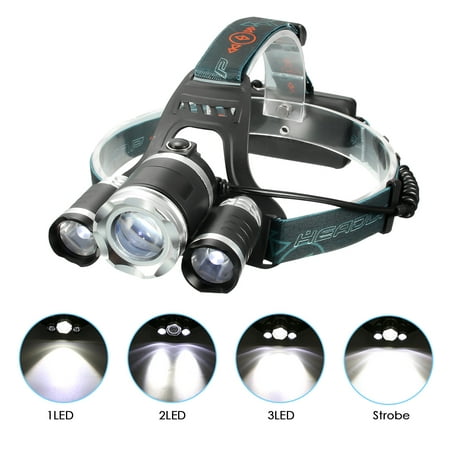 LED Headlamp, CAMTOA 5000 Lumens 3x T6 LED Lamps & Headlamp Flashlight Torch Waterproof with US Charging Plug For Hiking Camping Riding
